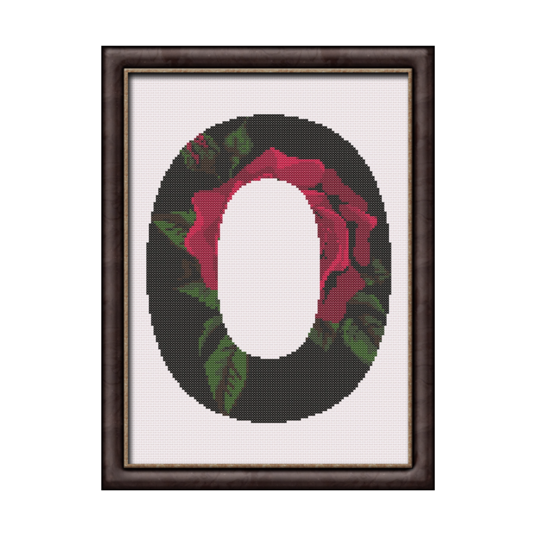 Red Rose on Black O Monogram Cross Stitch Pattern