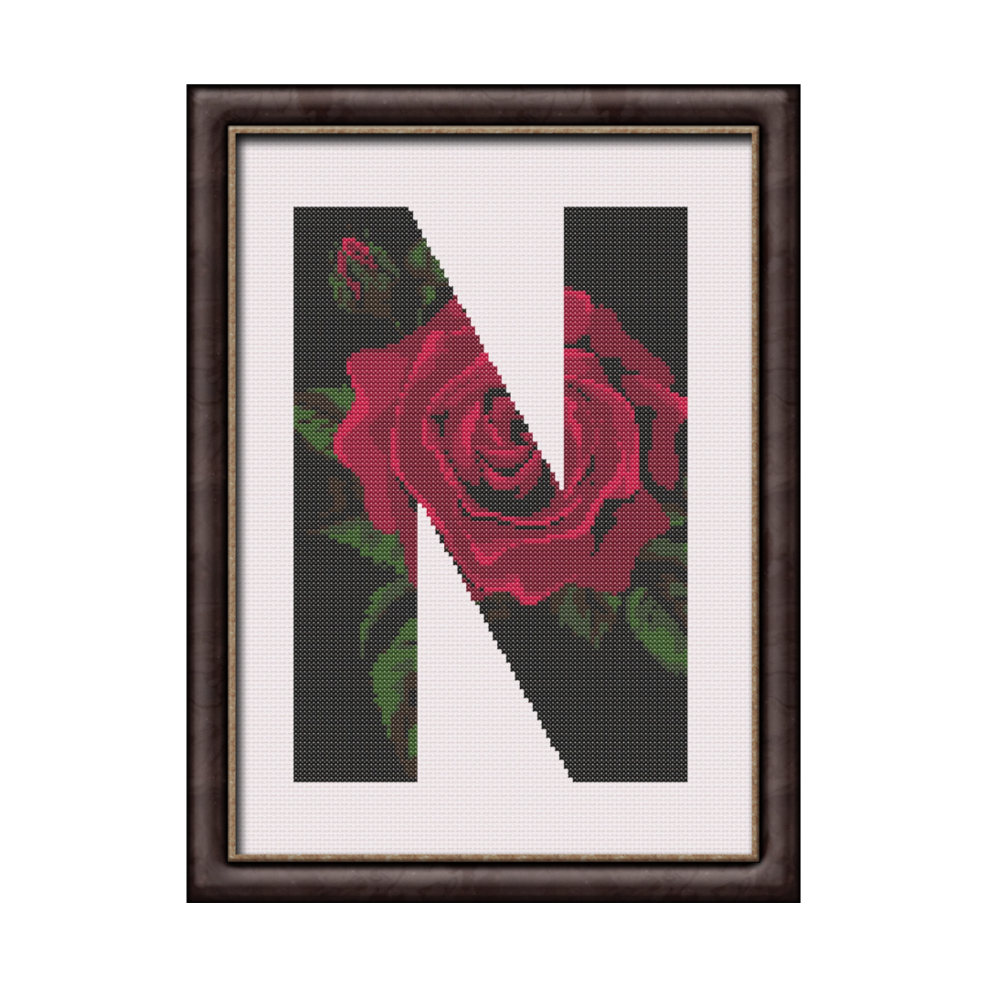 Red Rose on Black N Monogram Cross Stitch Pattern