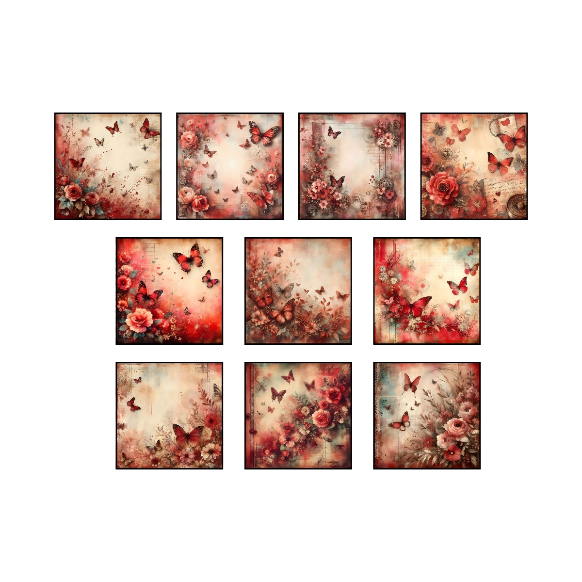 Red Vintage Flowers & Butterflies Digital Paper