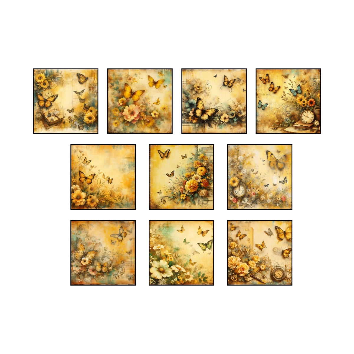 Yellow Vintage Flowers & Butterflies Digital Paper