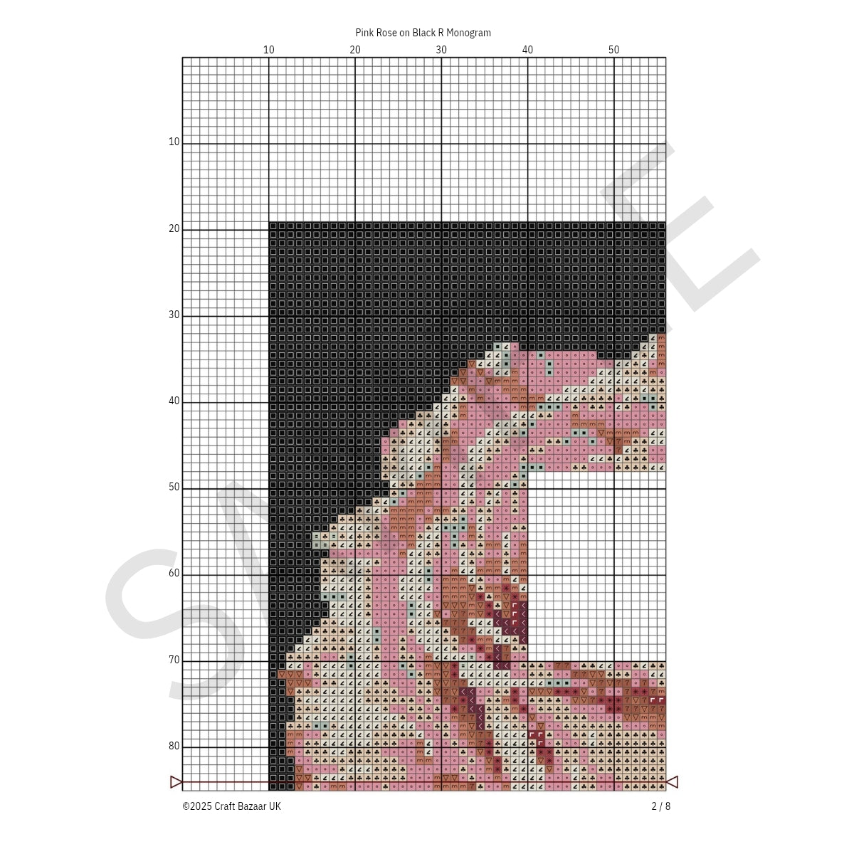 Pink Rose on Black R Monogram Cross Stitch Pattern
