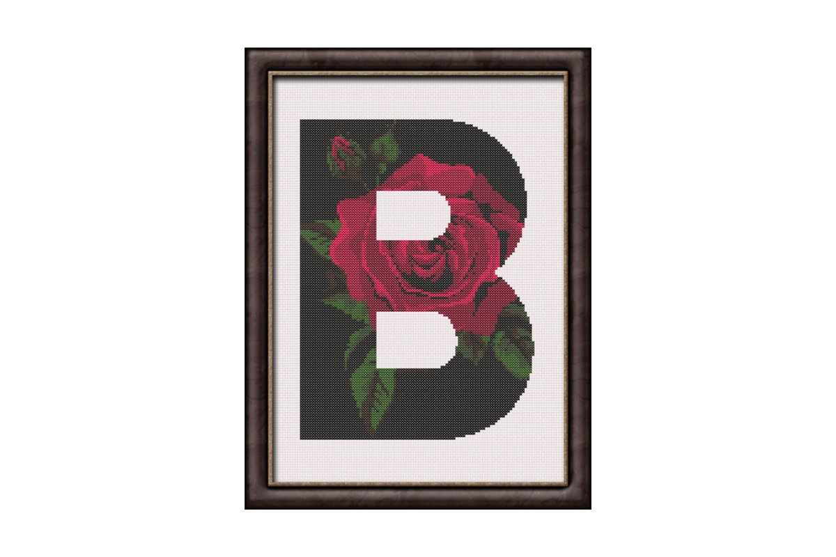 Red Rose on Black B Monogram Cross Stitch Pattern