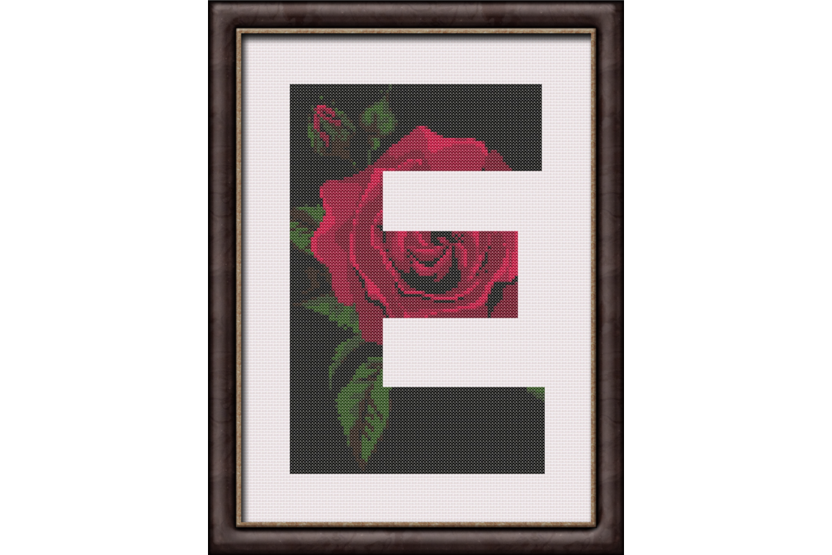 Red Rose on Black E Monogram Cross Stitch Pattern