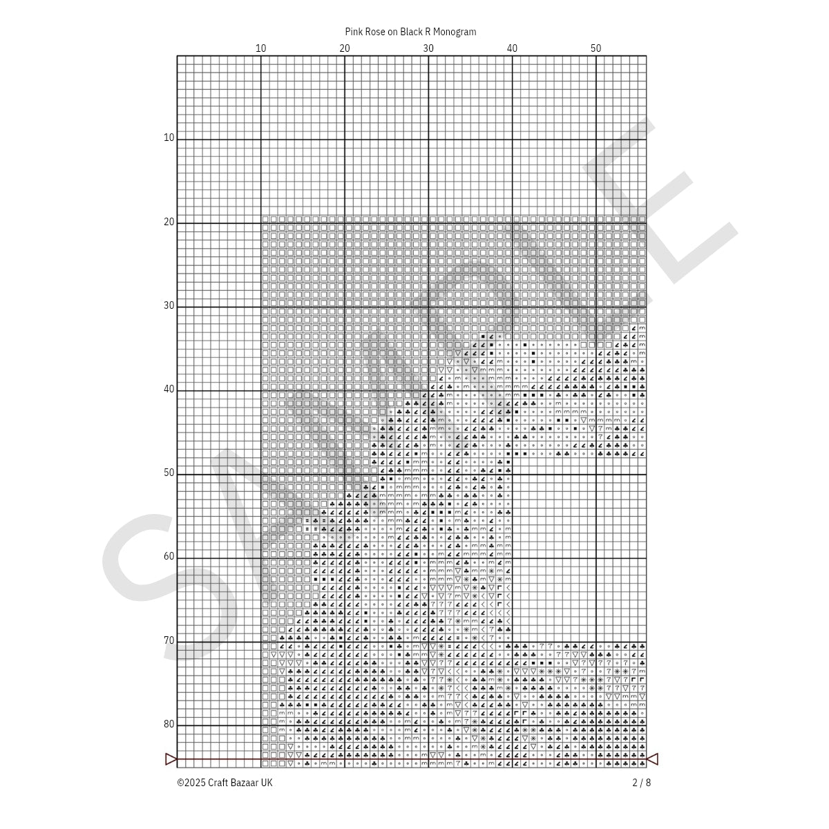 Pink Rose on Black R Monogram Cross Stitch Pattern