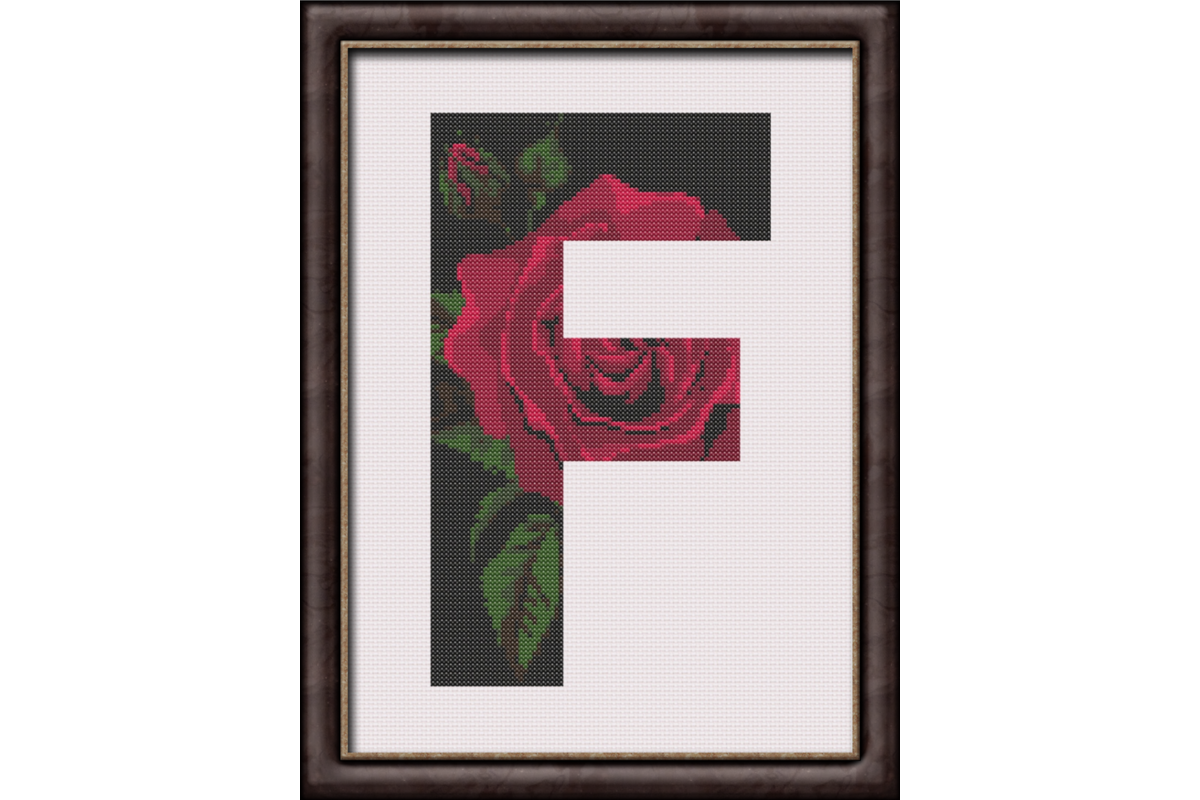 Red Rose on Black F Monogram Cross Stitch Pattern