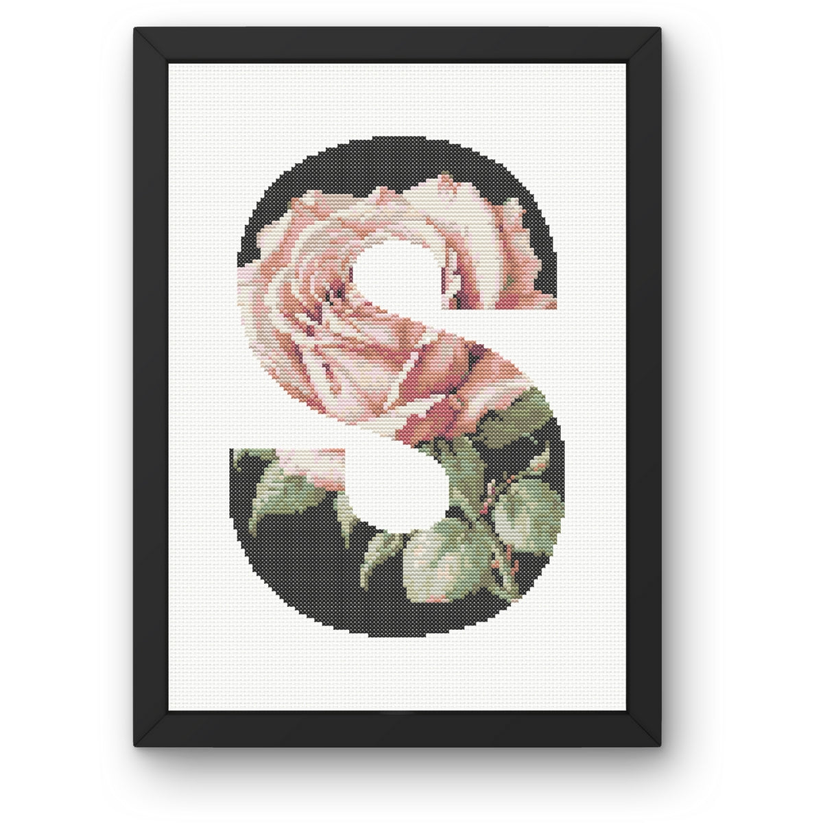 Pink Rose on Black S Monogram Cross Stitch