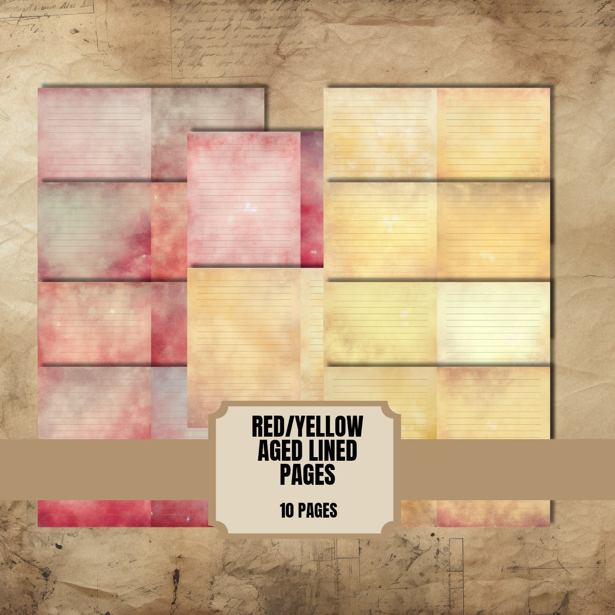 Red Yellow Aged Lined Junk Journal Pages