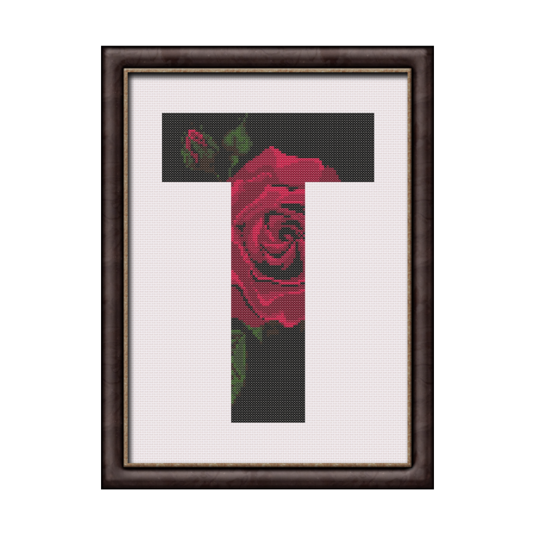 Red Rose on Black T Monogram Cross Stitch Pattern