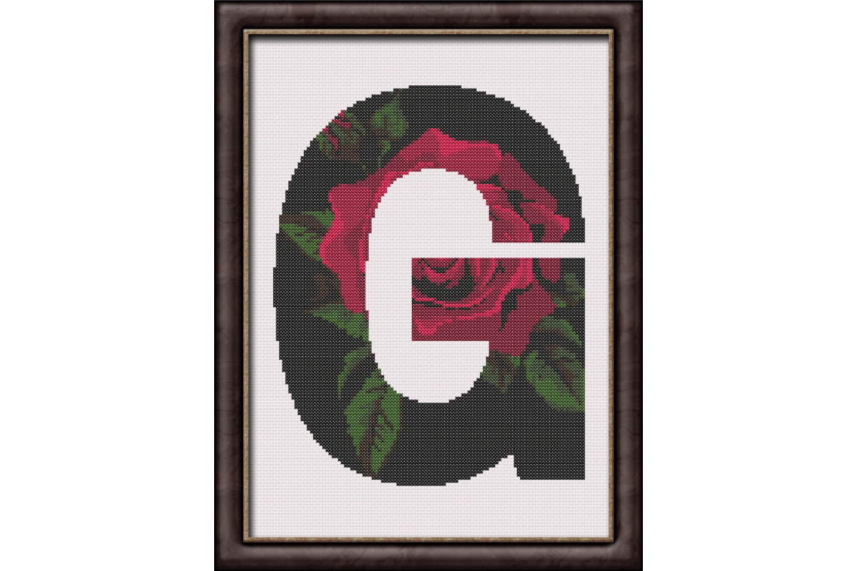 Red Rose on Black G Monogram Cross Stitch Pattern