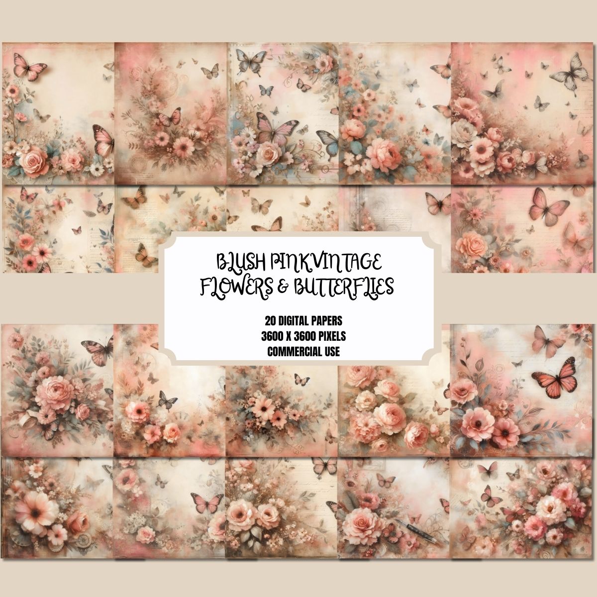 Blush Pink Vintage Flowers & Butterflies Digital Paper