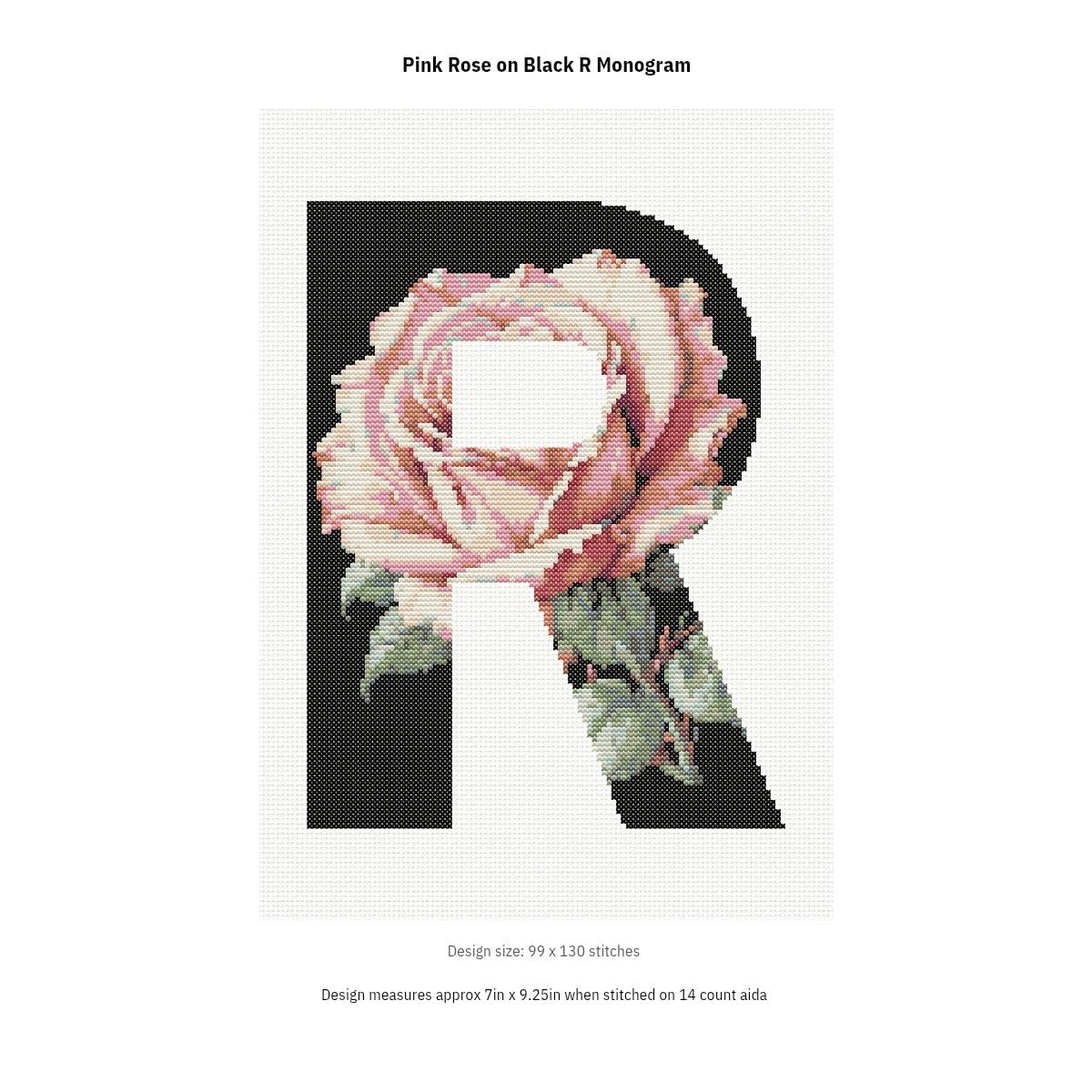 Pink Rose on Black R Monogram Cross Stitch Pattern