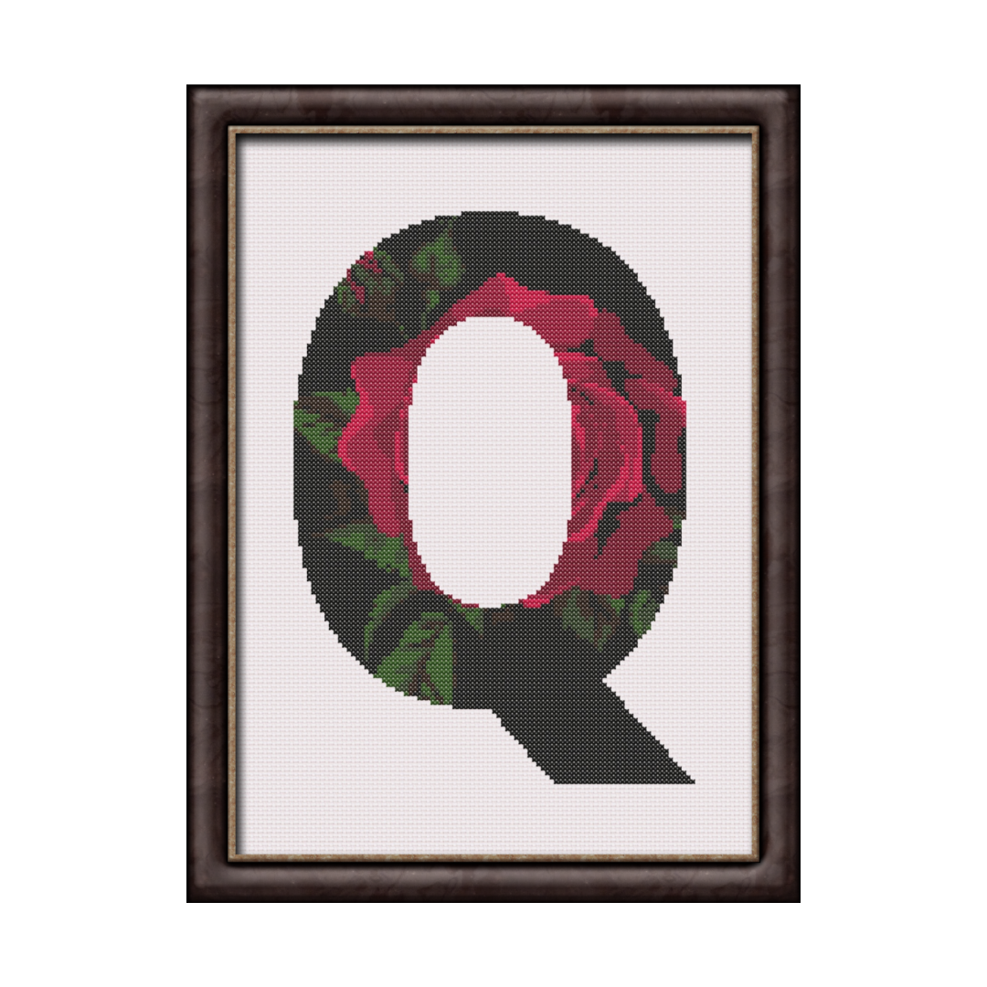 Red Rose on Black Q Monogram Cross Stitch Pattern