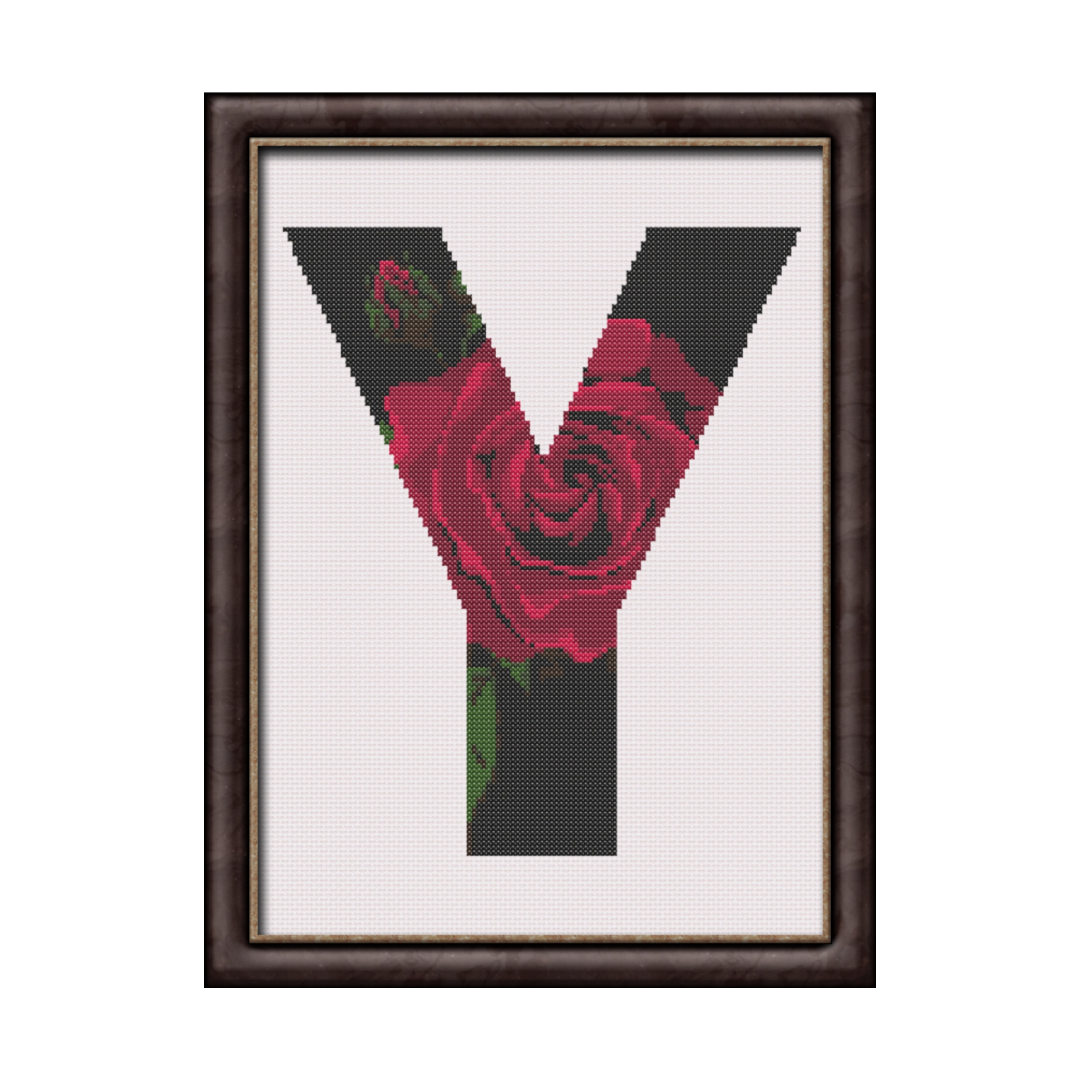 Red Rose on Black Y Monogram Cross Stitch Pattern