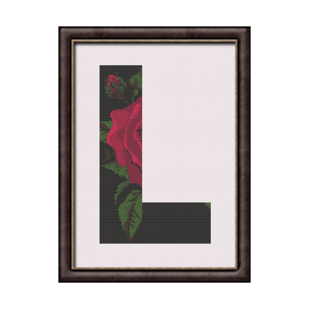 Red Rose on Black L Monogram Cross Stitch Pattern