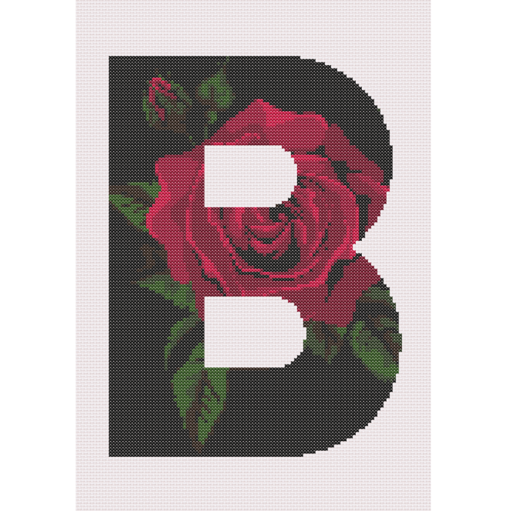 Red Rose on Black B Monogram Cross Stitch Pattern