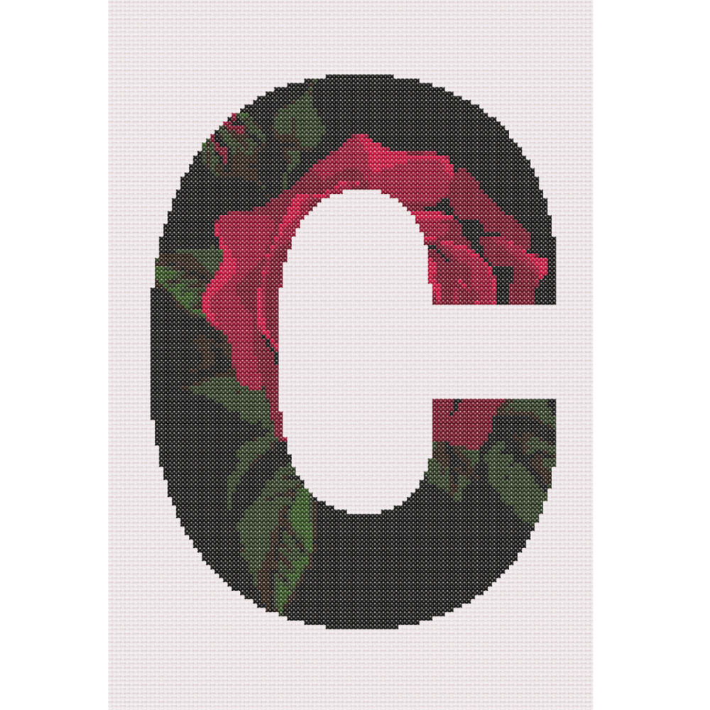 Red Rose on Black C Monogram Cross Stitch Pattern