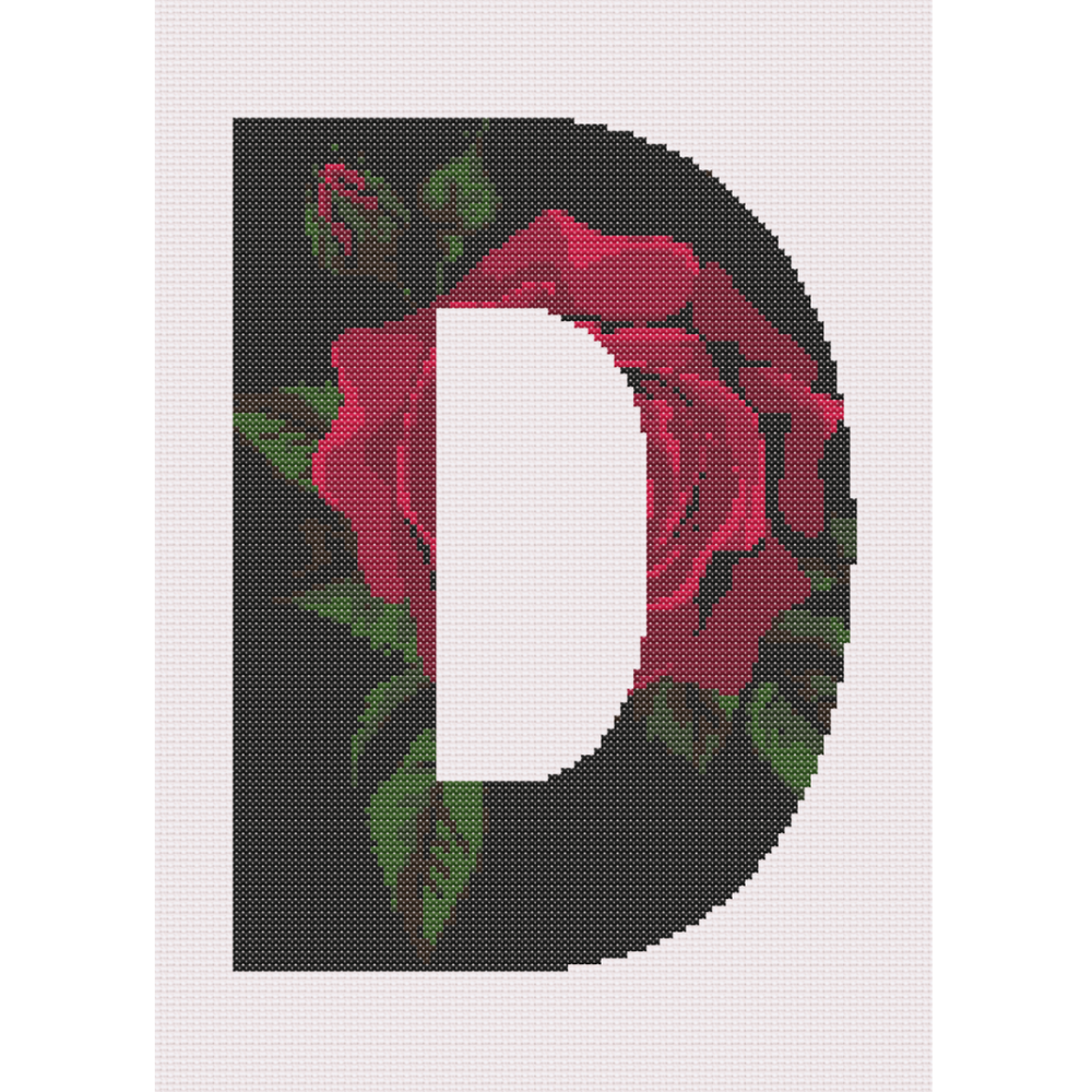 Red Rose on Black D Monogram Cross Stitch Pattern