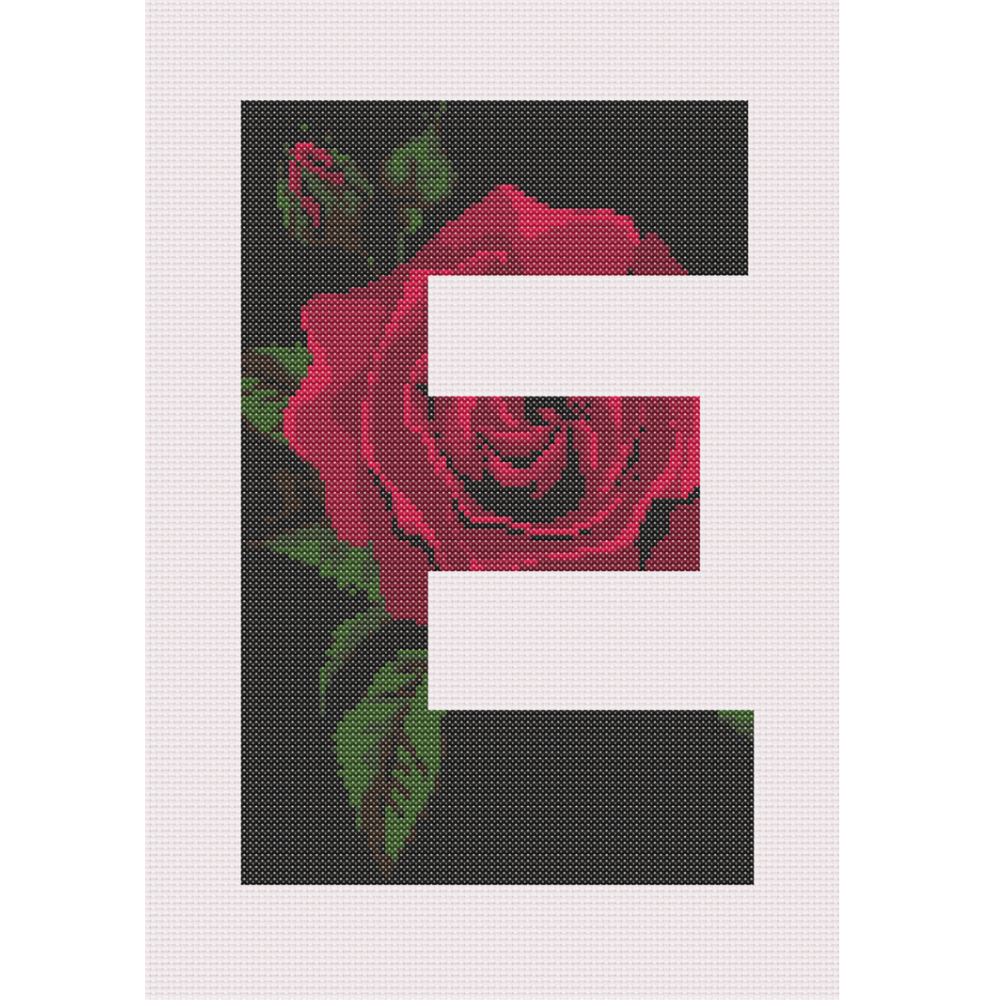 Red Rose on Black E Monogram Cross Stitch Pattern
