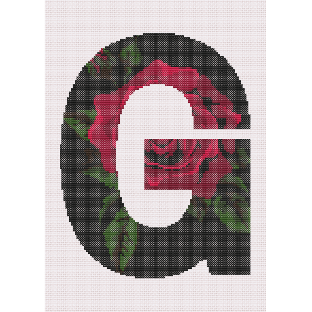 Red Rose on Black G Monogram Cross Stitch Pattern