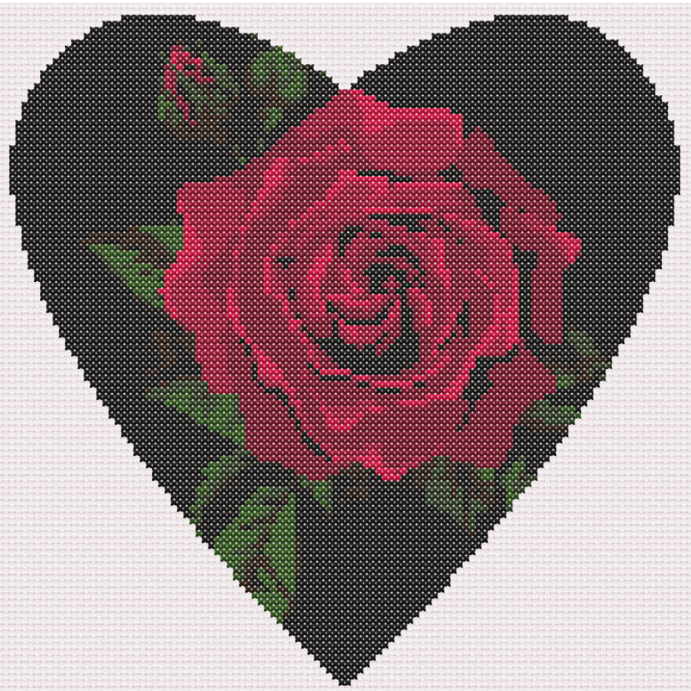 Red Rose on Black Heart Cross Stitch Pattern