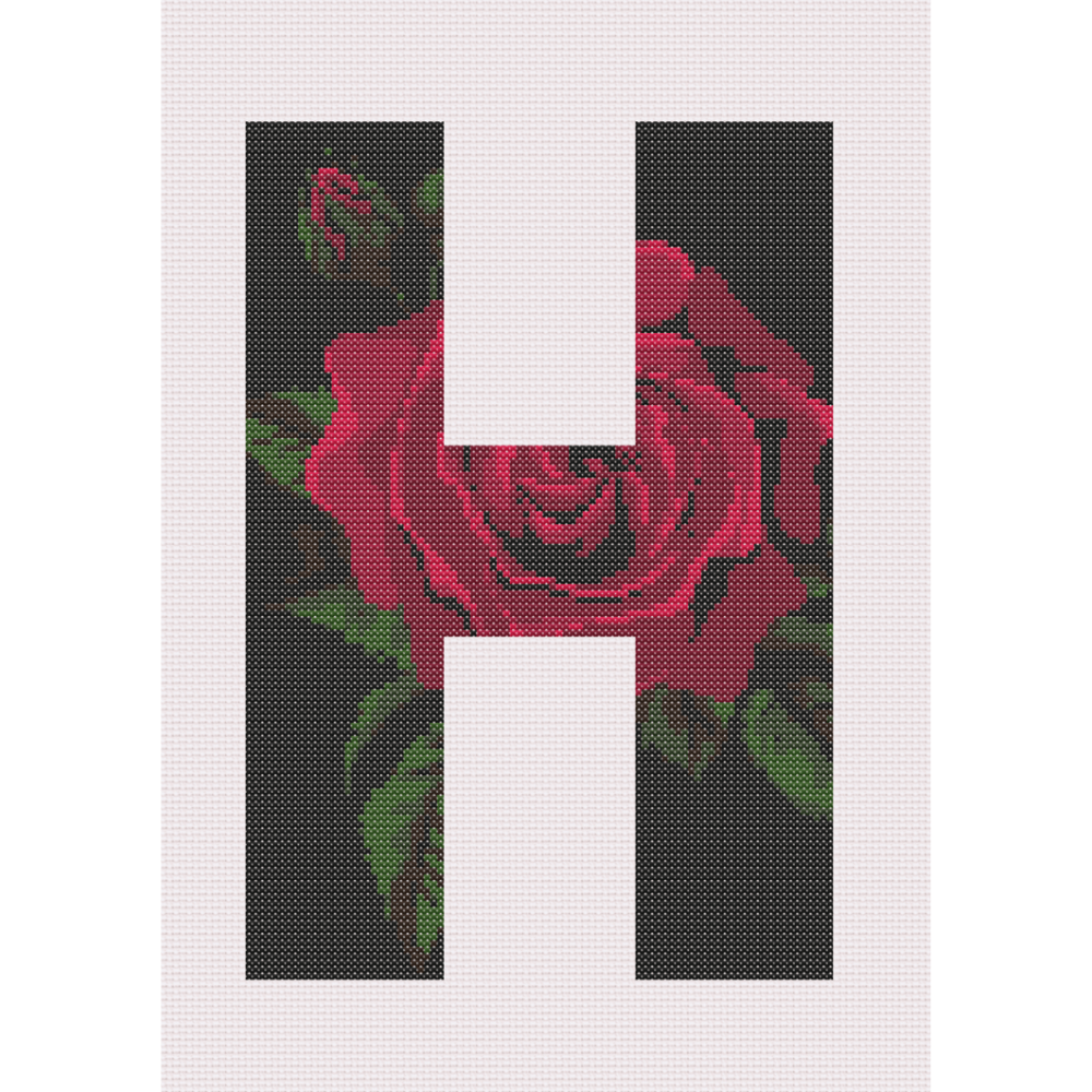 Red Rose on Black H Monogram Cross Stitch Pattern