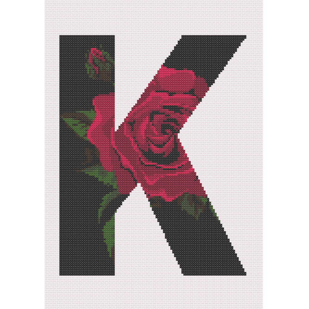 Red Rose on Black K Monogram Cross Stitch Pattern