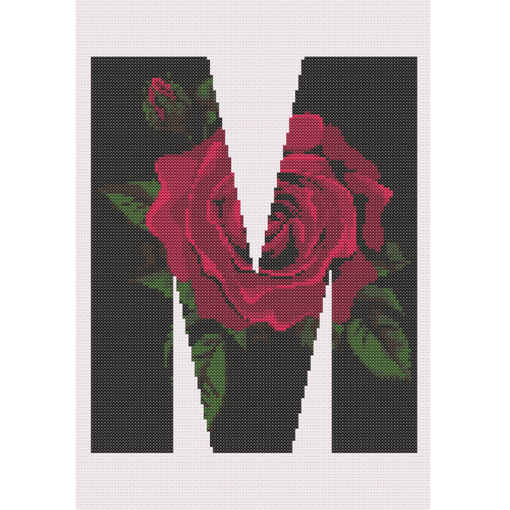 Red Rose on Black M Monogram Cross Stitch Pattern