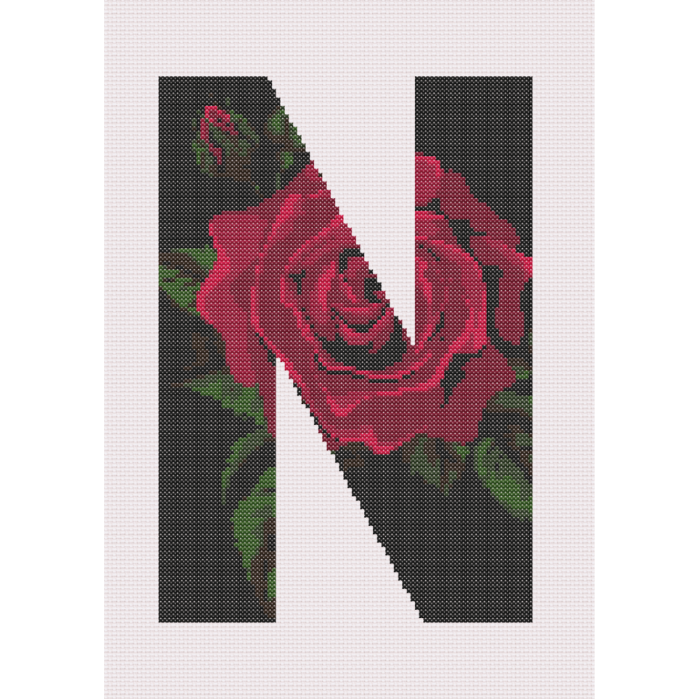 Red Rose on Black N Monogram Cross Stitch Pattern