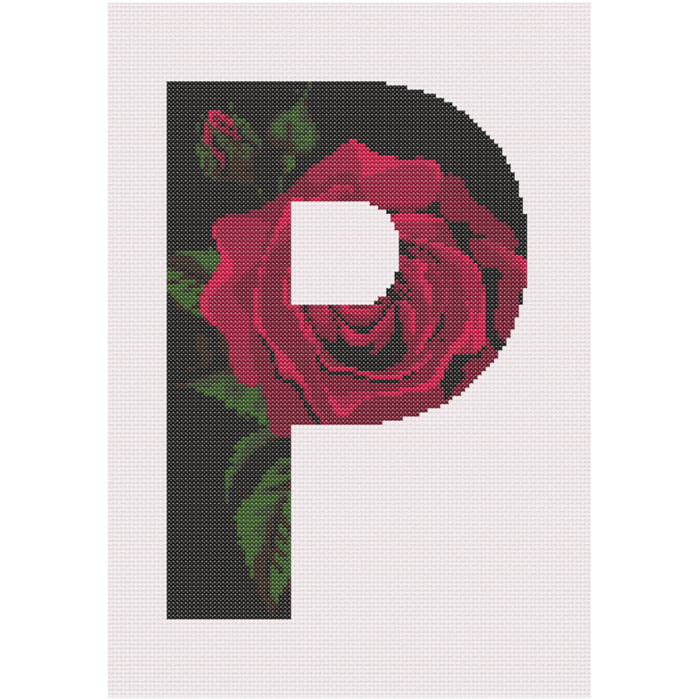 Red Rose on Black P Monogram Cross Stitch Pattern