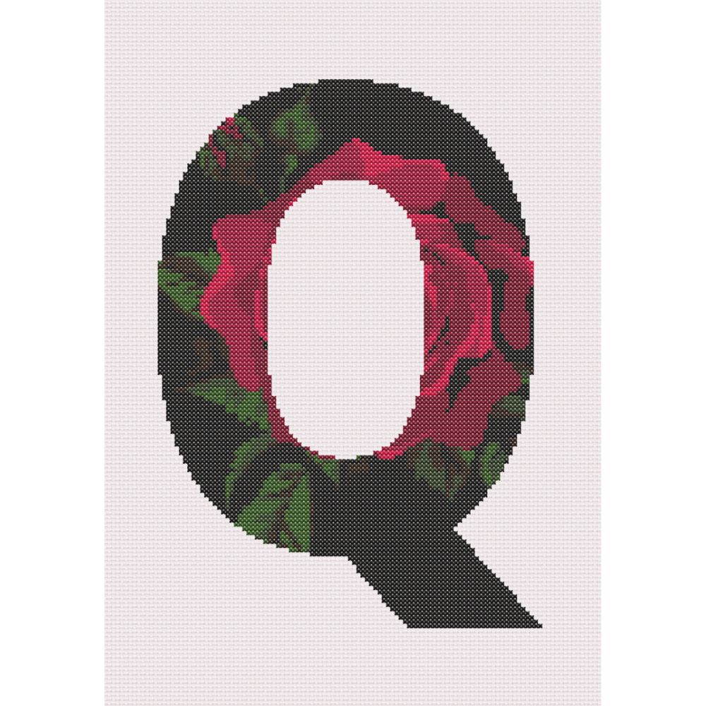 Red Rose on Black Q Monogram Cross Stitch Pattern