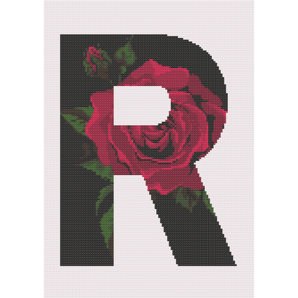 Red Rose on Black R Monogram Cross Stitch Pattern