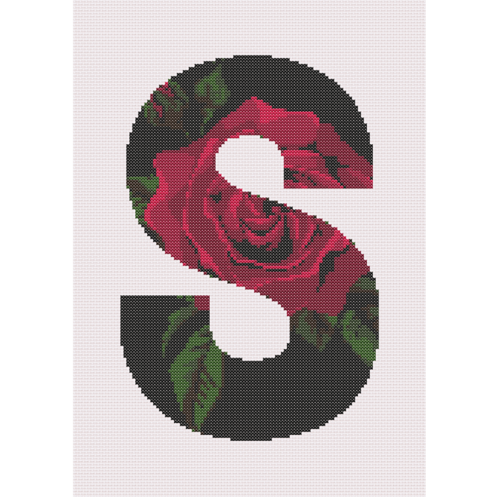 Red Rose on Black S Monogram Cross Stitch Pattern