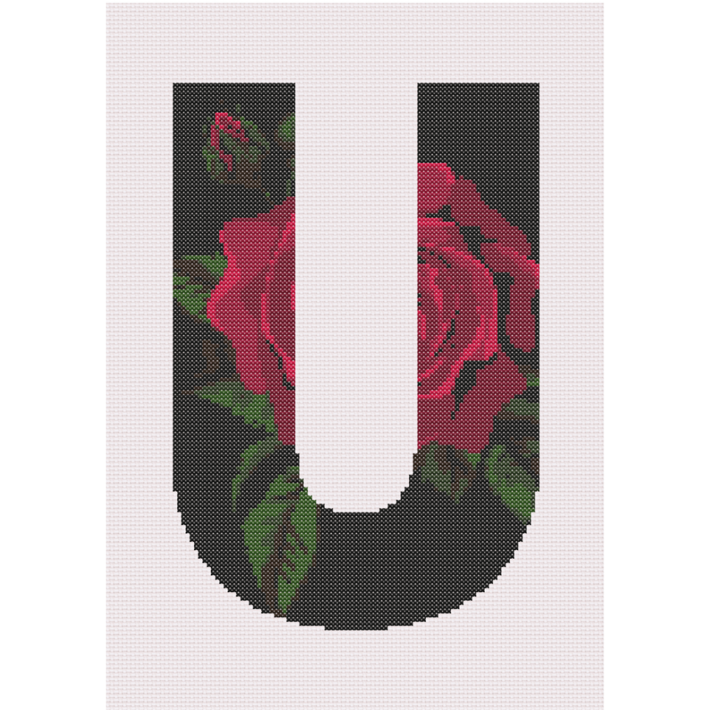 Red Rose on Black U Monogram Cross Stitch Pattern