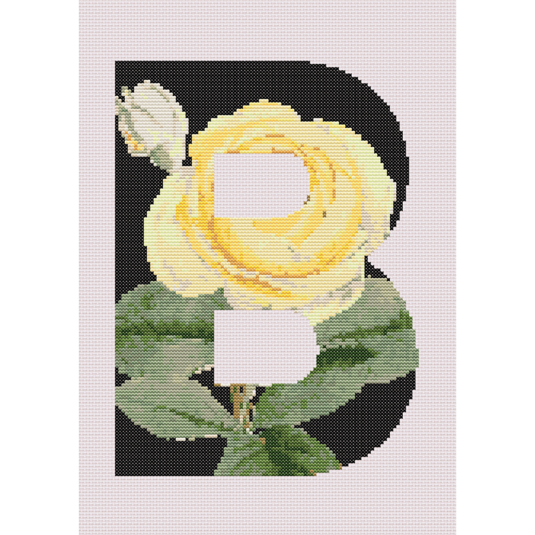 Yellow Rose on Black B Monogram Cross Stitch Pattern