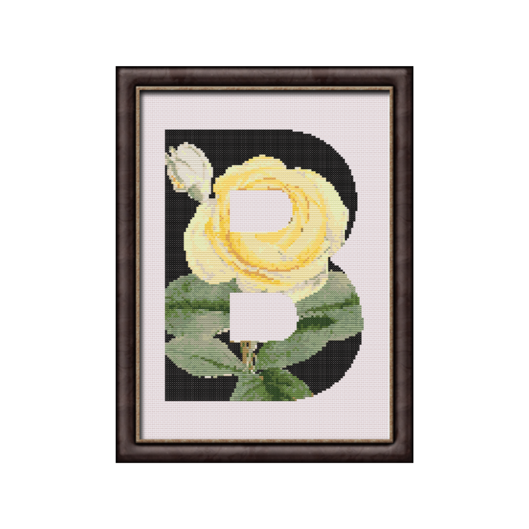 Yellow Rose on Black B Monogram Cross Stitch Pattern