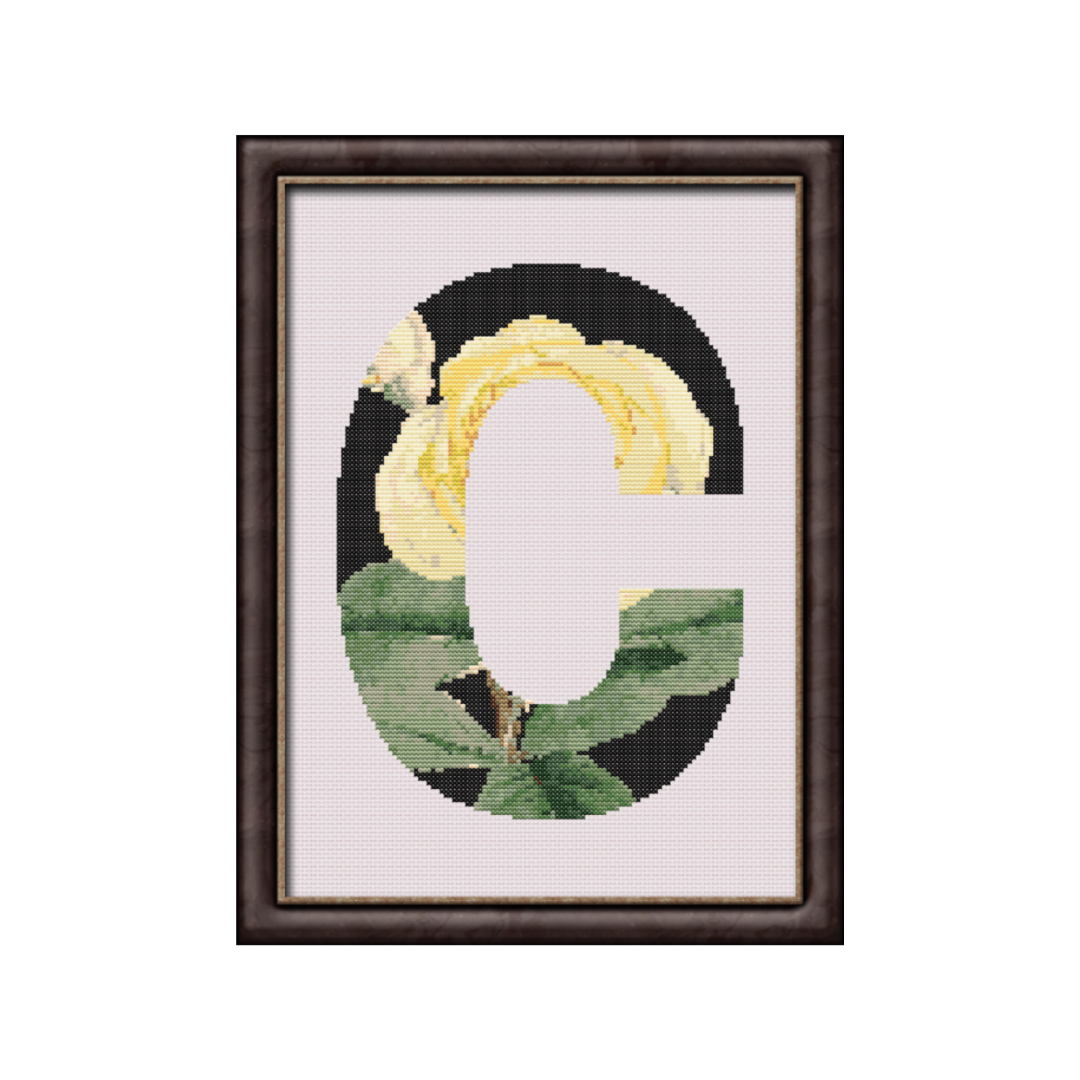 Yellow Rose on Black C Monogram Cross Stitch Pattern