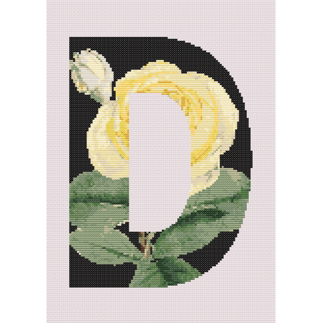 Yellow Rose on Black D Monogram Cross Stitch Pattern