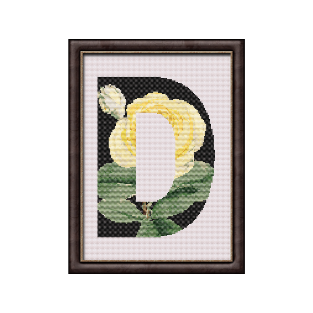 Yellow Rose on Black D Monogram Cross Stitch Pattern
