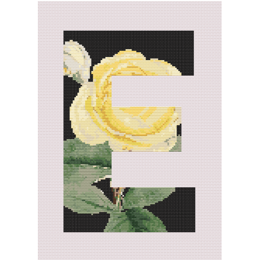 Yellow Rose on Black E Monogram Cross Stitch Pattern