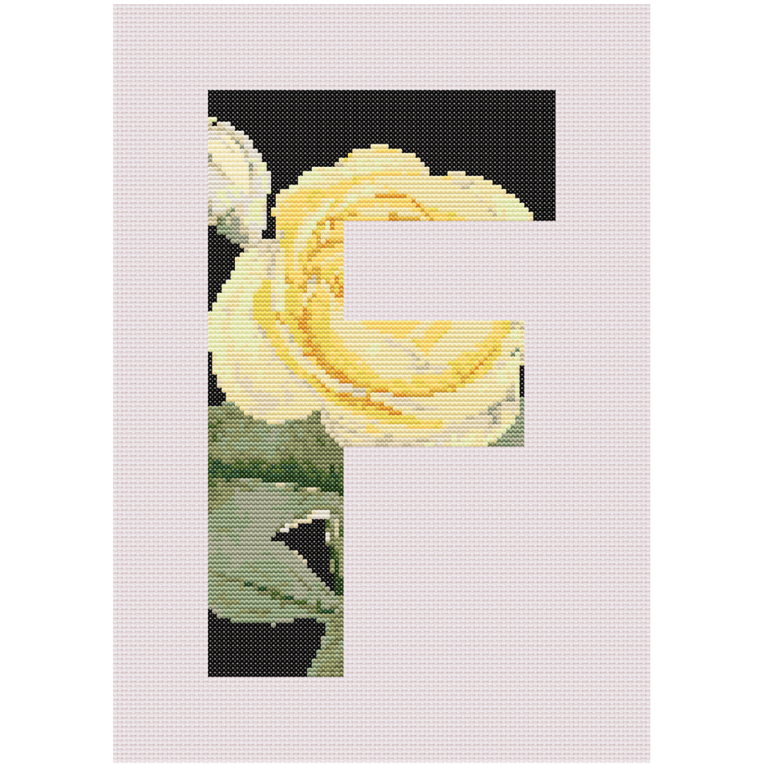 Yellow Rose on Black F Monogram Cross Stitch Pattern