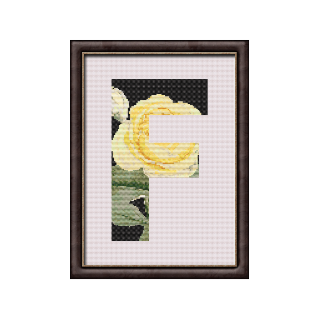 Yellow Rose on Black F Monogram Cross Stitch Pattern