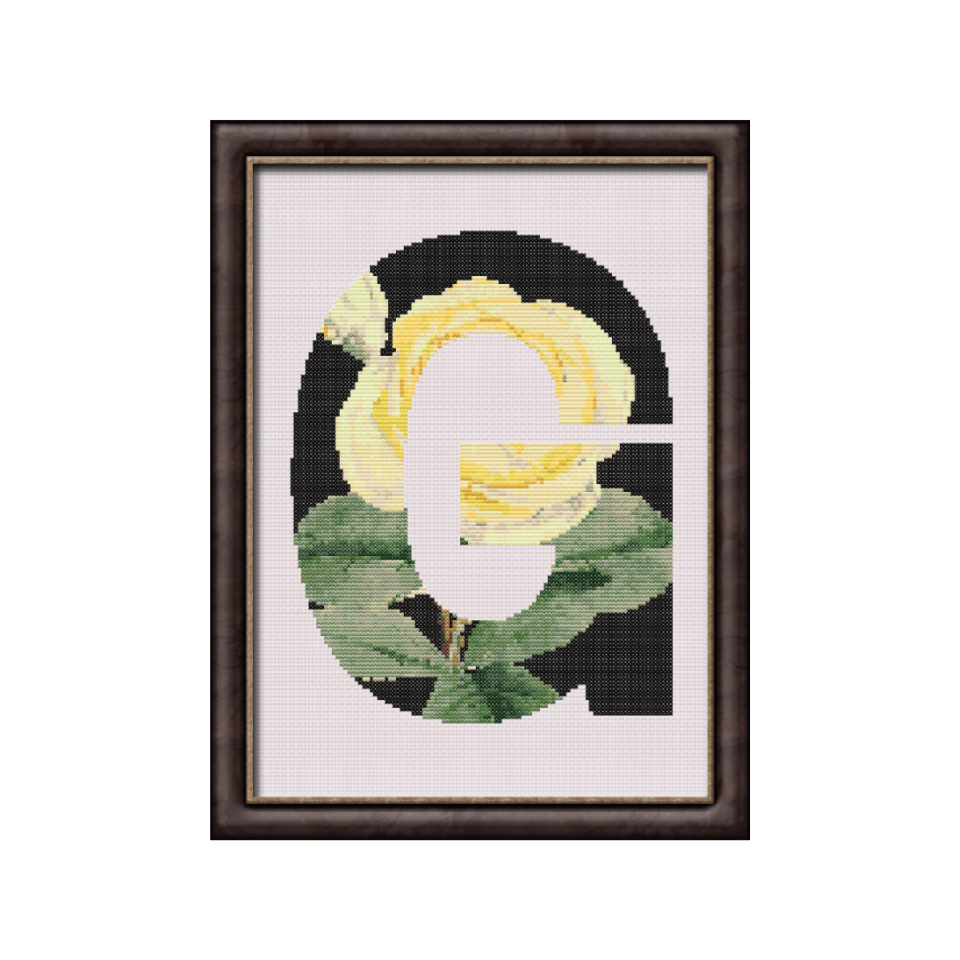 Yellow Rose on Black G Monogram Cross Stitch Pattern