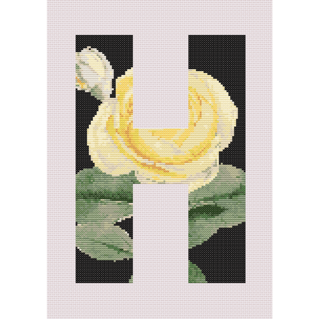 Yellow Rose on Black H Monogram Cross Stitch Pattern