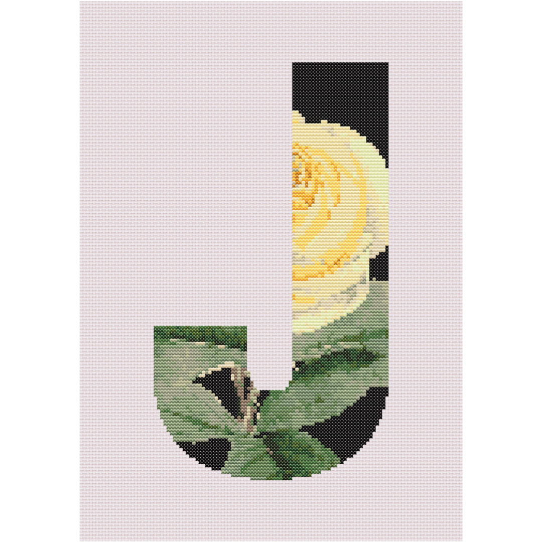 Yellow Rose on Black J Monogram Cross Stitch Pattern