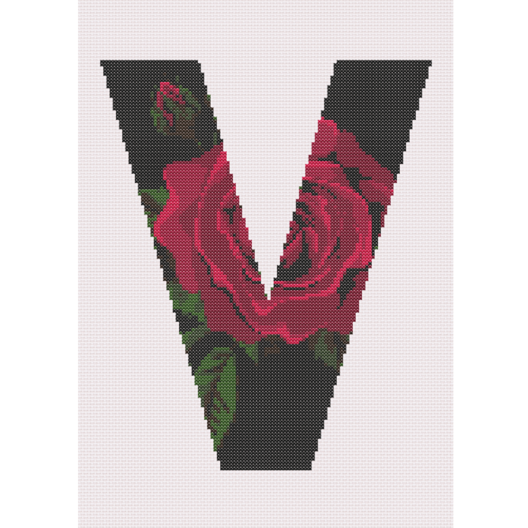 Red Rose on Black V Monogram Cross Stitch Pattern