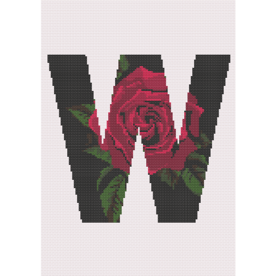 Red Rose on Black W Monogram Cross Stitch Pattern