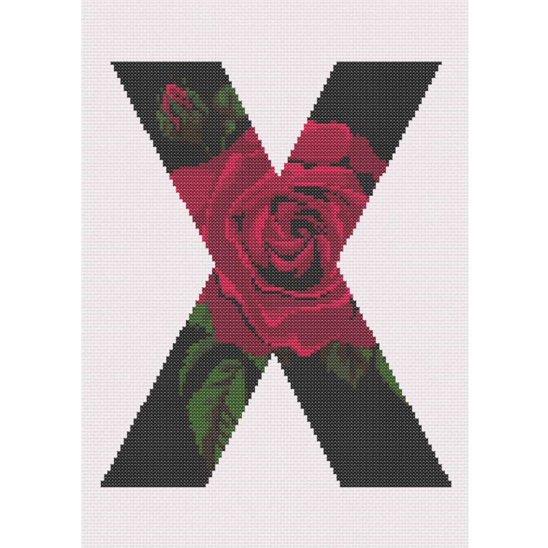 Red Rose on Black X Monogram Cross Stitch Pattern