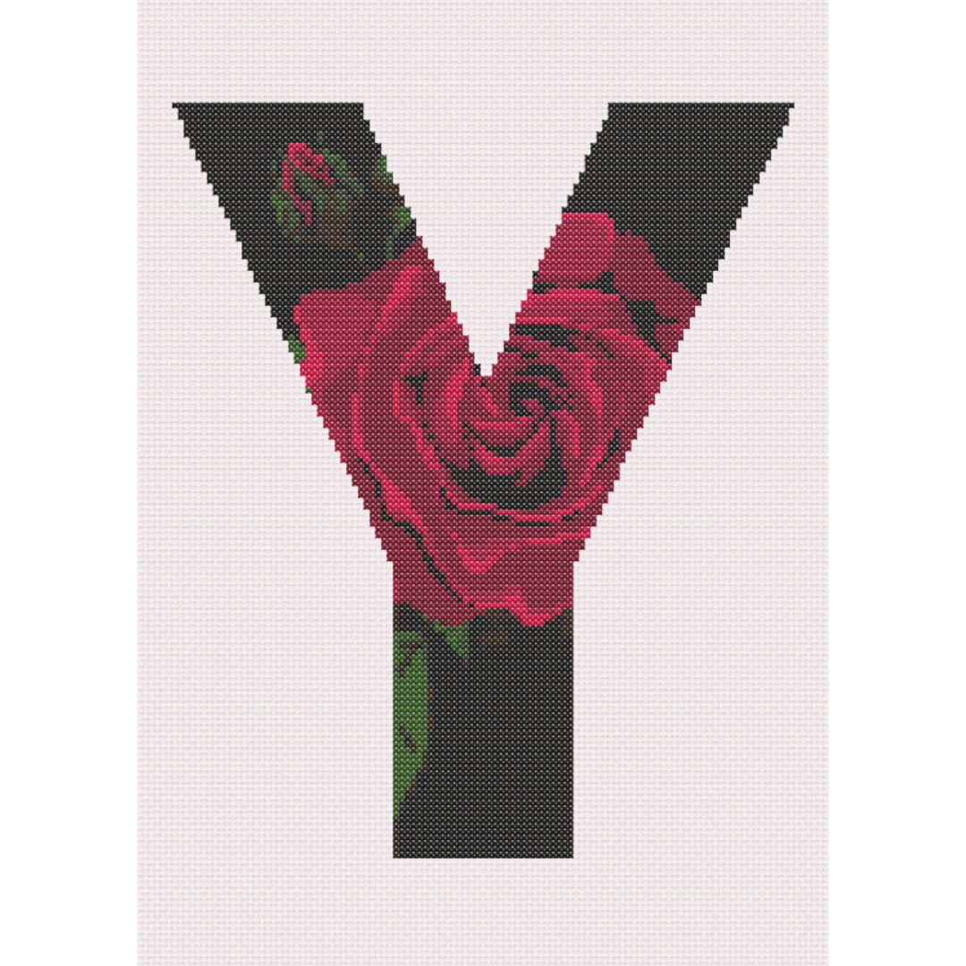 Red Rose on Black Y Monogram Cross Stitch Pattern