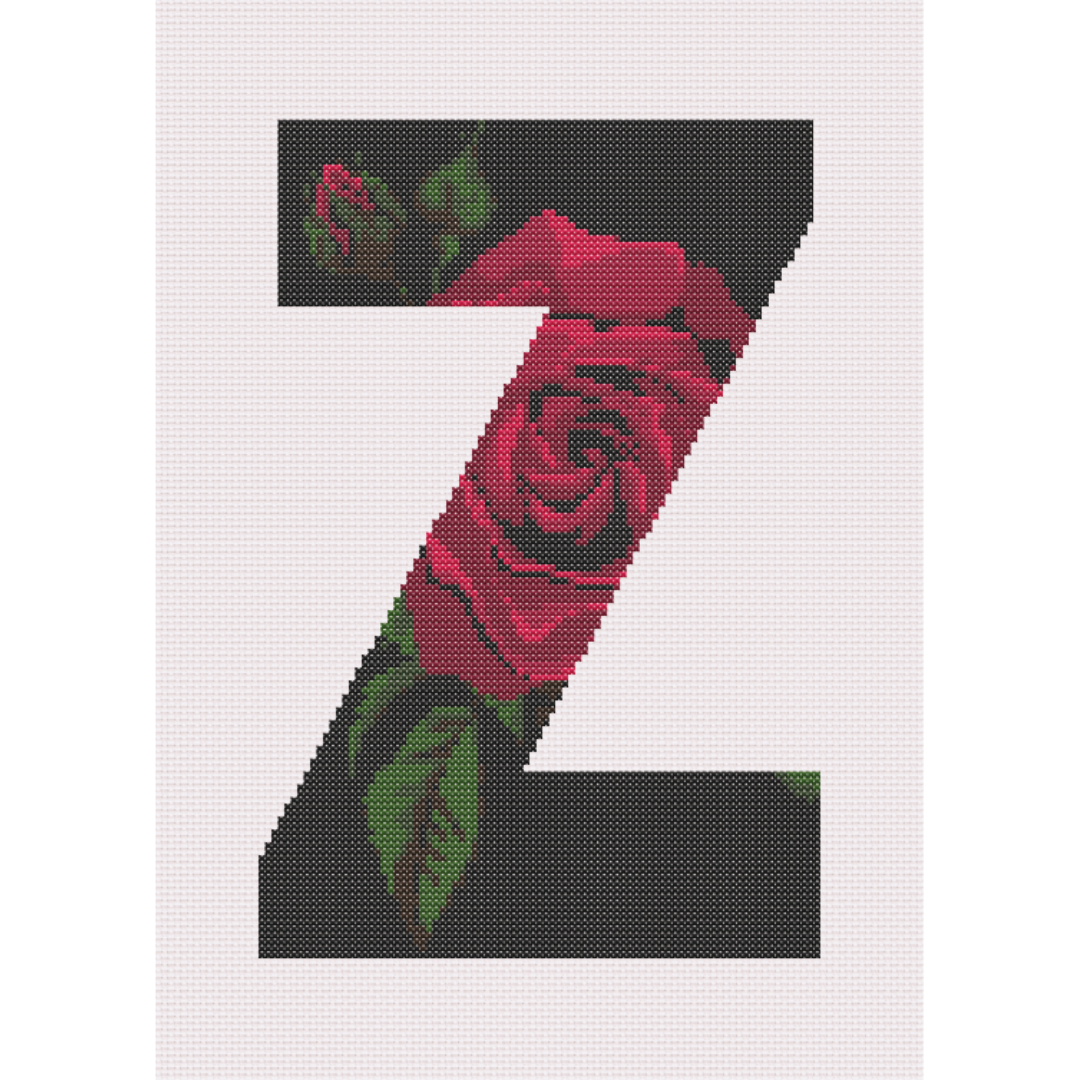 Red Rose on Black Z Monogram Cross Stitch Pattern