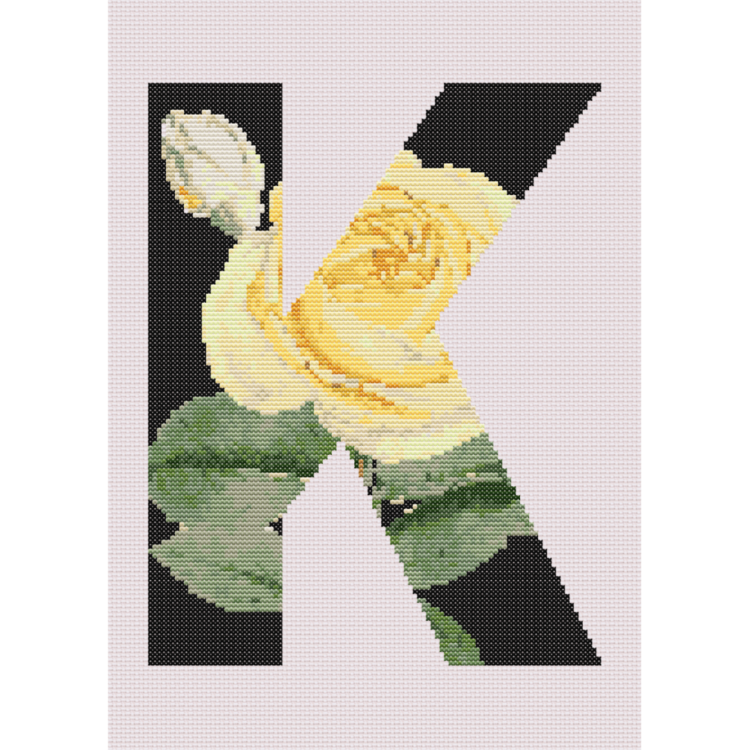Yellow Rose on Black K Monogram Cross Stitch Pattern 
